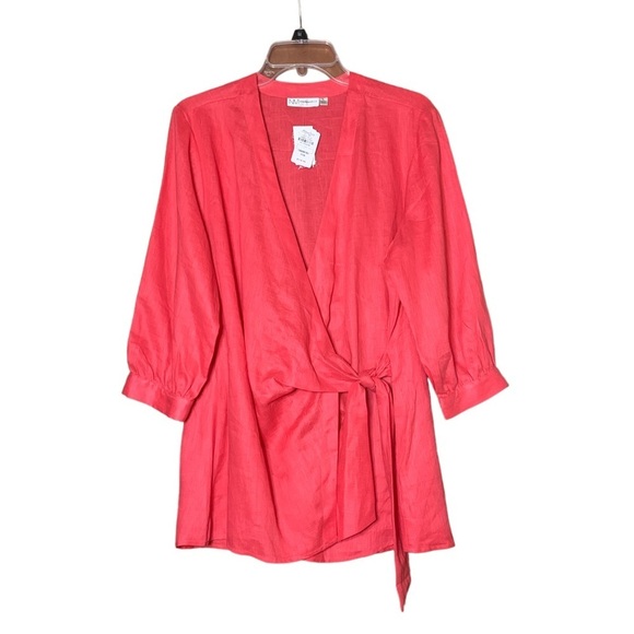 Neiman Marcus Linen Tie Wrap Blouse in Coral - Picture 1 of 7